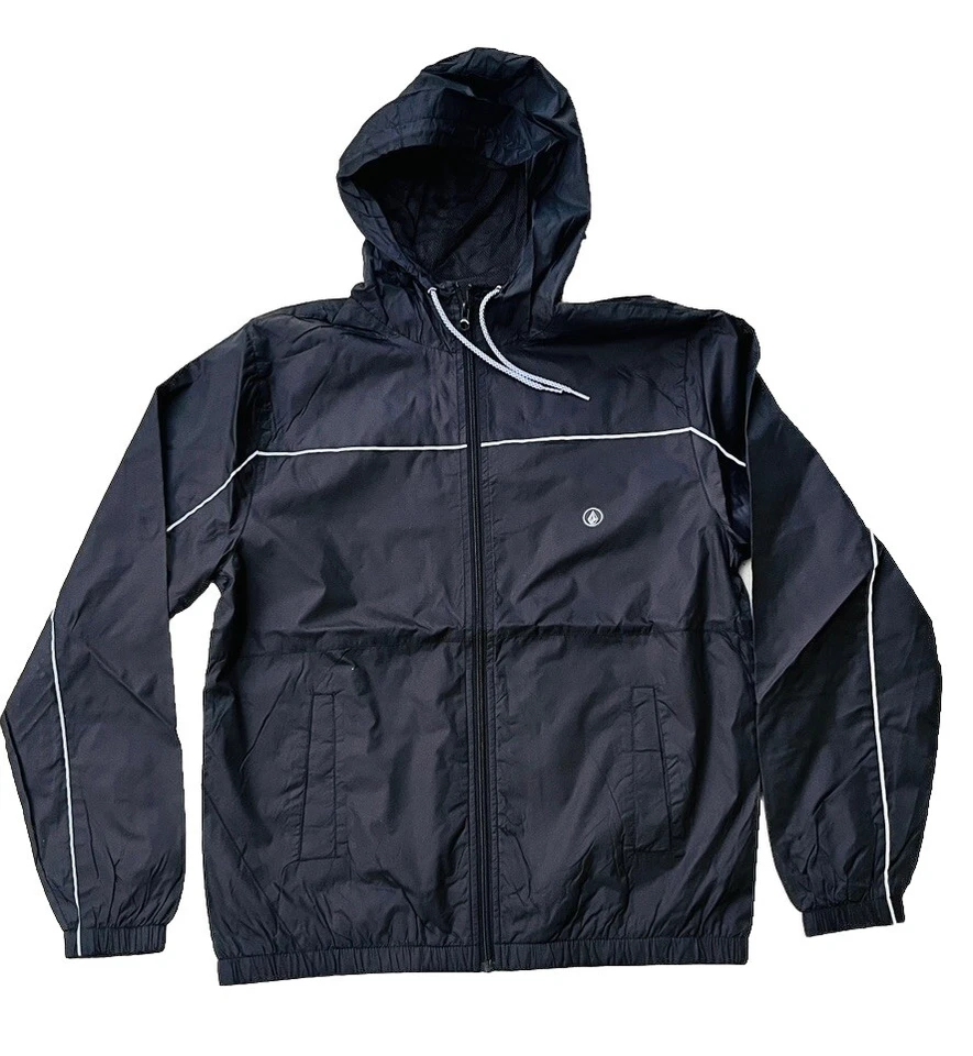 Volcom Men’s Ermont Black Hooded Windbreaker Jacket Size M Lightweight Nylon Zip - Image 1 of 4