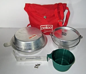 PALCO Aluminum 4 Piece Nested Camping Cook Mess Kit Prepping Prepper Red Bag Vtg - Picture 1 of 15