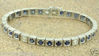 Brazalete de diamantes y zafiros naturales estilo antiguo de oro blanco macizo de 14 k de 6,05 quilates Foto 1 de 4
