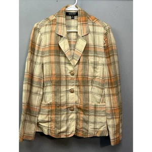 Kasper Plaid Linen Blazer Women’s Plus Size 16 Tan Orange Pockets Button Preppy - Picture 1 of 7