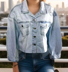 Women's M Cropped Denim Jean Jacket Distressed Relaxed Light Blue Size Medium - Picture 1 of 4