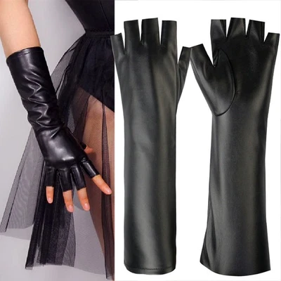 Guantes largos de cuero sin dedos para mujer con medio dedo forrados de lana guantes negros ☾ Foto 1 de 4