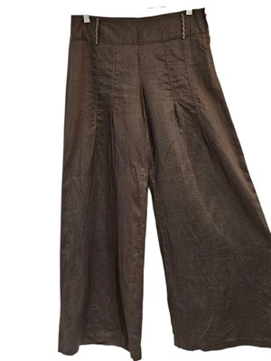 Pantalones Elie TAHARI Ramie Pierna Ancha Talla 2 Ligeros Frente Plano Marrón Pantalones  Foto 1 de 4