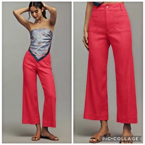 NUEVO CON ETIQUETAS PANTALONES ANTHROPOLOGIE MAEVE COLETTE CROP PIERNA ANCHA MEZCLA LINO ROSA NEÓN 25 - Imagen 1 de 6