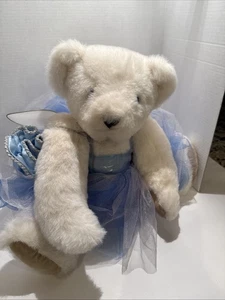 Vermont Teddybär weiß blau silber Fee Engelsflügel gute Wünsche handgefertigt - Bild 1 von 22