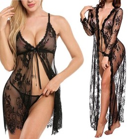 Women Sexy Lingerie V Neck See-through Babydoll Nightwear Sexy Sheer Kimono Robe