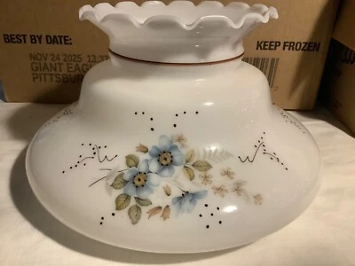 Hurricane Lamp Replacment Shade Globe 9 7/8" Fitter Milkglass Blue Floral - Image 1 of 4
