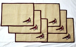 6 Red Cardinal Placemats Jute Gold Metallic Accents Christmas Embroidered 14x19 - Picture 1 of 11