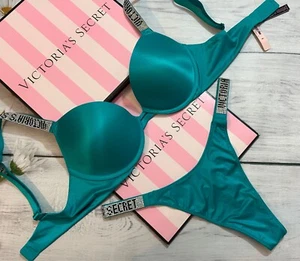 Victoria’s Secret Shine Strap Push-Up Bra Thong Set Capri Sea - Picture 1 of 6