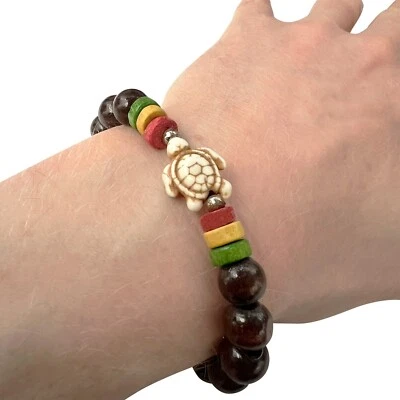 Pulsera brazalete brazalete de madera marrón con cuentas de tortuga para hombre mujer joyería hecha a mano Foto 1 de 3
