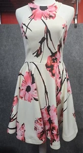 B Darlin Dress Women 3 / 4 White Pink Black Floral Knit High Neck Fit Flare Fun - Picture 1 of 13