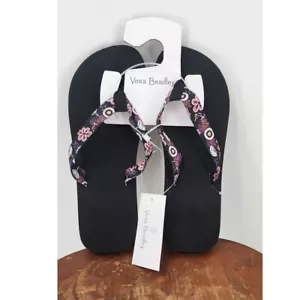 New NWT Vera Bradley Webbing Strap Floral Flip Flops Black Size 7-8 - Picture 1 of 7