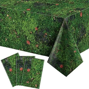 Tiamon 3 Pcs Green Moss Plastic Tablecloth 108 x 54 Inch Grass Leaves - Picture 1 of 7