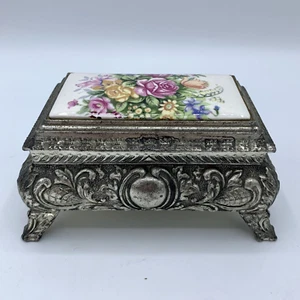 Vintage Silver Plate Metal Filigree Trinket Box w/Feet Ceramic Lid Floral Roses - Picture 1 of 9