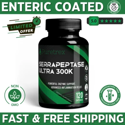 PURETREX Serrapeptase 300,000 SPU Capsules Best High Potency for Inflammation & Relief