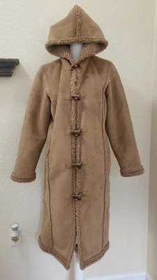 L.L. Bean Petite Large Tan Faux Suede/Sherpa Long Hooded Coat - Image 1 of 4