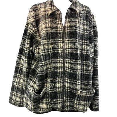 LIZ CLAIBORNE Womens MED Plaid Black Cream Fleece Zip Jacket Soft Thigh Length - Image 1 of 4