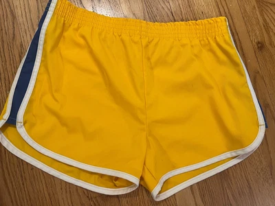 Shorts listrado atlético feminino Wrangler anos 60-70 vintage verdadeiro amarelo/azul - Imagem 1 de 4