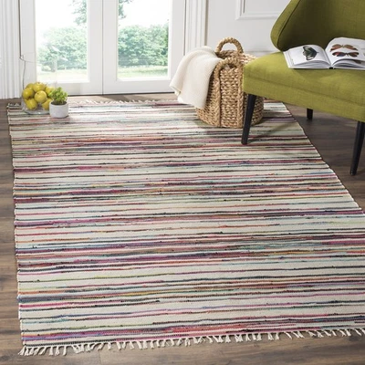 Rag Rug Collection Area Rug - 4' Square, Ivory & Multi, Handmade Boho Stripe ... - Image 1 of 3