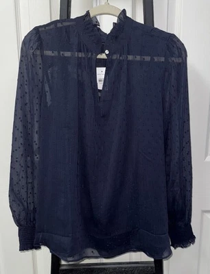NUEVO CON ETIQUETAS Blusa Ann Taylor Azul Medianoche Mediana Transparente Metálica Rayas Cuello Volantes Foto 1 de 4