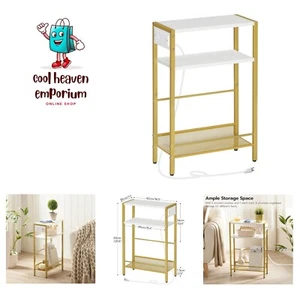Slim End Table with Charging Ports - Perfect for Small Spaces in White & Gold - Picture 1 of 11