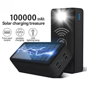 Solar Power Bank 100000mAh External Battery Mobile Phone Wireless Fast Charging - Picture 1 of 32