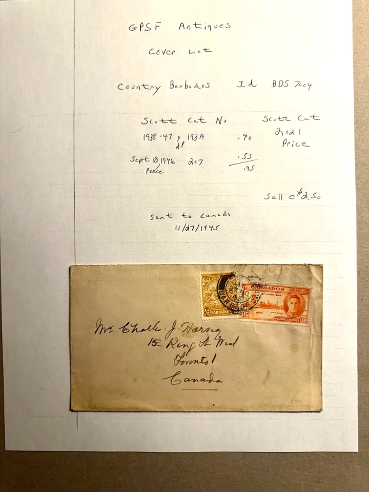 Cubierta Barbados a Canadá 27/11/1945 con Scott Cat 93A/207 1938-1946 Foto 1 de 1