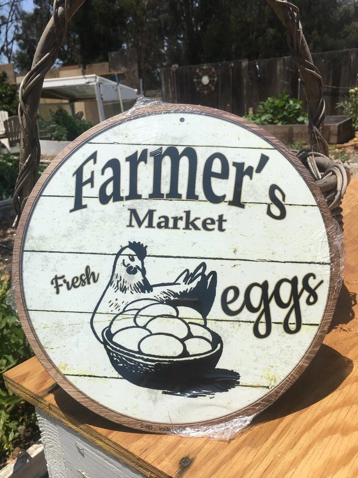 Farmers Market Fresh Eggs Round Sign Tin Vintage Garage Bar Decor Old Rustic - Image 1 of 1