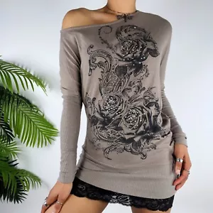 Vintage Y2K Fairy Grunge Floral Rhinestone Off The Shoulder Long Sleeve Top / L - Picture 1 of 6