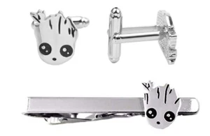 Baby Groot Silvertone Metal Enamel Cuff Links and Tie Clip Set - Picture 1 of 1