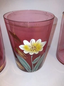 Cranberry blown glass tumblers Set Of 4 Hand Painted moriage enameled 1800s - Picture 1 of 8