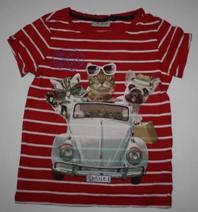 Used Next UK Girls 5 year Short Sleeve Top Red White Stripe Cats in Car - Picture 1 of 2
