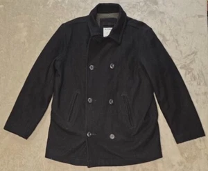 Old Navy Peacoat Mens L Black Wool Blend Double Breasted Quilt Lined Preppy - Picture 1 of 18