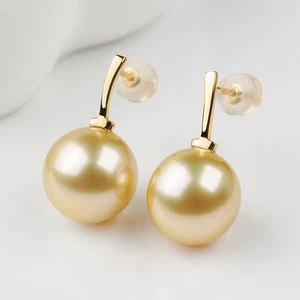 AAA 11.6mm Round Light Golden South Sea Pearl Earrings 18k Solid Yellow Gold - Picture 1 of 7