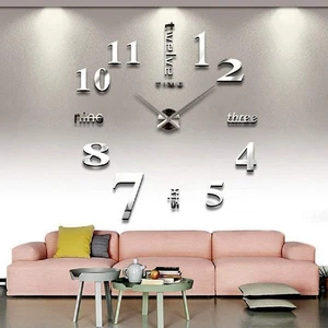 Large DIY 3D Frameless Silver Wall Clock – Oversized Modern Decor for Living ... - Picture 1 of 7