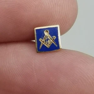Vintage Tiny Masonic Lapel Pin Blue Enamel 14k Gold Front 3/16 Inch - Picture 1 of 9