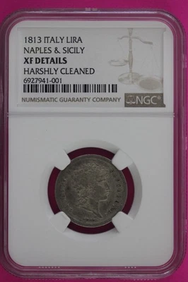 1813 XF Details Italy Lira Naples & Sicily Harshly Cleaned Silver Coin NGC 109 - Image 1 of 3