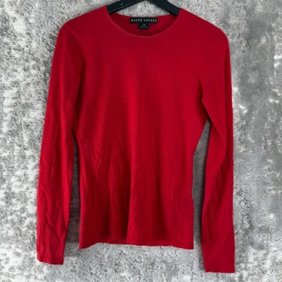 Ralph Lauren Talla M Etiqueta Negra Cachemira Seda Minimalista Top Rojo Manga Larga Foto 1 de 4