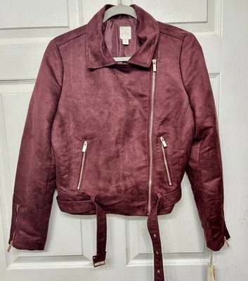 NUEVO CON ETIQUETAS *CHAQUETA MOTO LC Runway LAUREN CONRAD imitación gamuza vino con detalles en oro rosa ~ 10 Foto 1 de 4