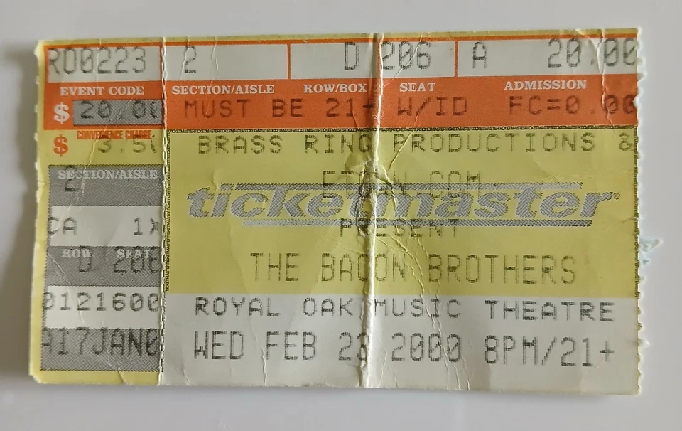 Bacon Brothers Concert Ticket Stub Royal Oak Music Theatre MI 2000 Kevin Bacon - Image 1 of 2