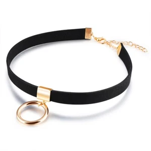 Schwarze Choker Halskette mit goldenem Ring, 32–39 cm verstellbar Damen Halsband - Bild 1 von 4