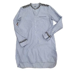 J Crew Womens Small Tunic Top Blue White Striped Embroidered Side Slit - Picture 1 of 5