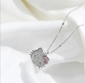 NWT Bling Sanrio Hello Kitty Cat Kitten Silver Cubic Zirconia Pendant Necklace - Picture 1 of 6