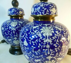 Stunning Pr Chinese Blue & White Enamel Metal Ginger Jars as Lamps vintage