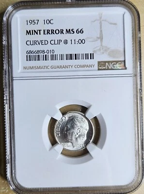 1957 P Roosevelt Dime Mint Error Gem Uncirculated BU MS 66 Curved Clip NGC - Image 1 of 4