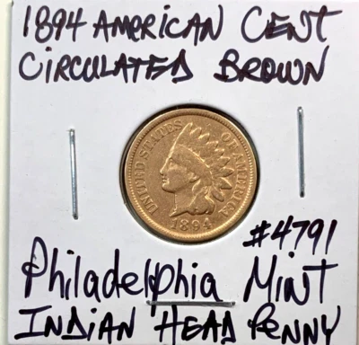 1894 American Indian Head Cent Circulated Brown Philadelphia Mint Penny. - Image 1 of 4
