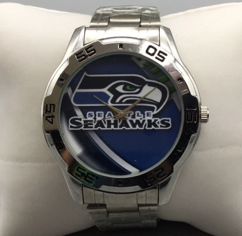 Seattle Seahawks Watch Men 42mm Silver Tone NFL New Battery 8" Cover