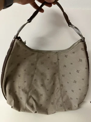 Judith Ripka JR Monogram Tan Canvas & Brown Saffianao Leather Strip Hobo Satchel - Image 1 of 4