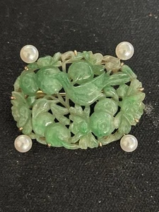 Excellent Antique 14K Yellow Gold Carved Jadeite Jade Pearl Brooch 9.0 g Total - Picture 1 of 12
