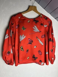 ZARA Basic Red Satin Puff Sleeve Top S – Insect Print, Boxy Cut, Back Button - Picture 1 of 4